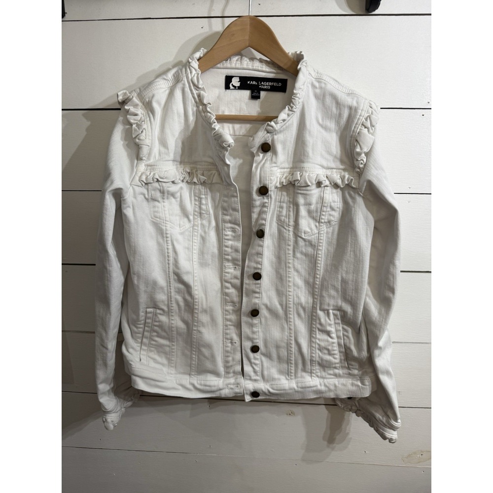 KARL LAGERFELD PARIS Ruffled Denim Jacket White Women's Medium Stretch